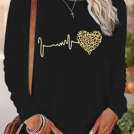 Leopard Heartbeat Printed Long Sleeve Shirt Funny Gothic T Shirt Women's Print T-Shirt Crew Neck Top Tee Tshirt Casual