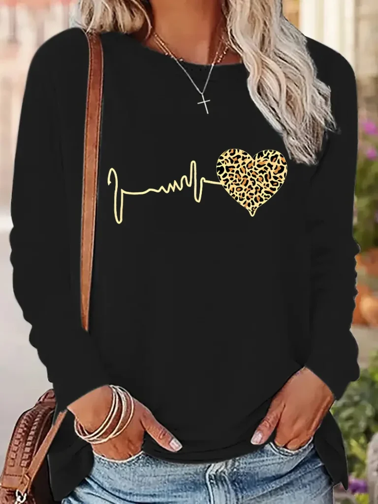 Leopard Heartbeat Printed Long Sleeve Shirt Funny Gothic T Shirt Women's Print T-Shirt Crew Neck Top Tee Tshirt Casual