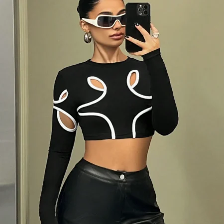 Spring and summer fashion short long sleeve top slim senior sense round neck spice girl style design lady