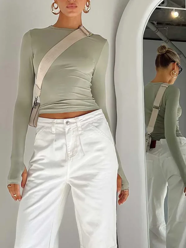 Fashion Women T-shirt Long Sleeve Crew Neck Solid Slim Fit Ladies Crop Top with Thumb Holes for Daily Streetwear Summer Camis - Image 3
