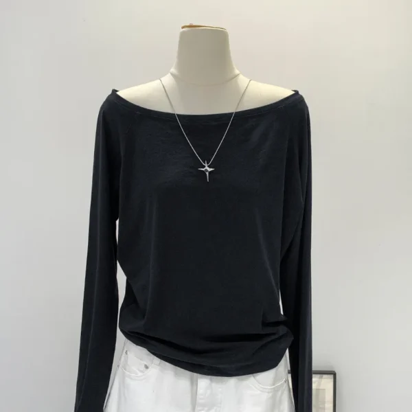 Autumn Winter One Shoulder Cotton Long Sleeve Slant Shoulder Women's Clothing Style Interior Wide Truffle Shoulder Base Shirt - Image 4