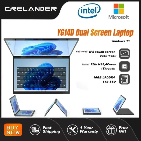 CRELANDER 14 "10.5"Yoga Laptop Intel 12th Gen N95 Processor M2 SSD 2K Dual Touch Screen Laptop Computer With Handwriting Mini PC