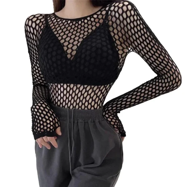 Womens Sexy Mesh Long Sleeve Fishnets Tops Fun Fashion Slim Fit Tops Hollow Out See Through Loose Female T-shirts Crop soft Top - Image 3
