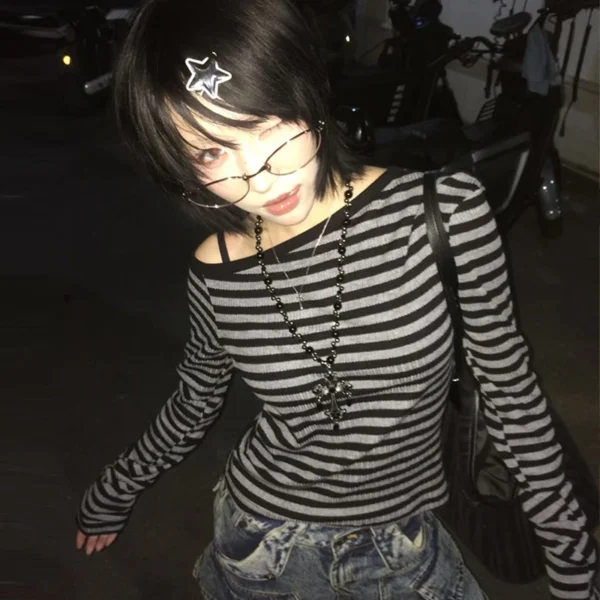 Genayooa Japanese Y2k T-shirt Women Long Sleeve Off Shoulder Striped Crop Tops Y2k Grunge 2000s Aesthetic Streetwear T Shirts - Image 2