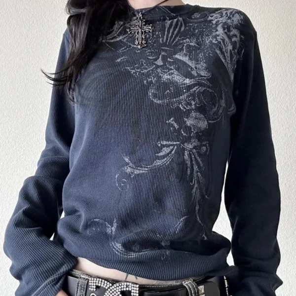 Women Y2k Fairy Grunge Shirt Vintage Graphic Print Long Sleeve Tee Shirt Tops Teen Girls Grunge Aesthetic Clothes Streetwear