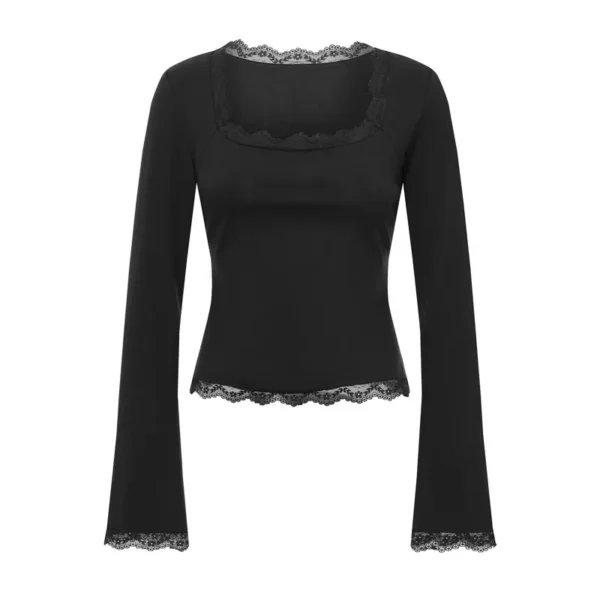 Imcute Women's Spring Lace Trim Tee Shirt Blouses Fashion Long Sleeve Square Neck Slim Trendy Party T-shirt Y2K Streetwear - Image 2