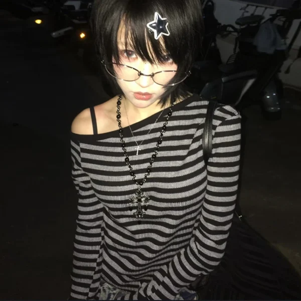 Genayooa Japanese Y2k T-shirt Women Long Sleeve Off Shoulder Striped Crop Tops Y2k Grunge 2000s Aesthetic Streetwear T Shirts - Image 5