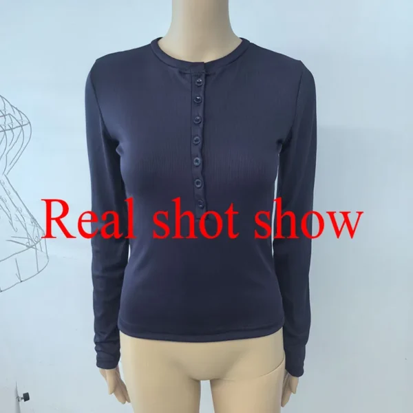 Trendy Button Long Sleeve T-Shirt 2025 New Spicy Girls Skinny Slimming Bottoming Tops Basic All-Match Casual O-Neck Solid Tees - Image 2