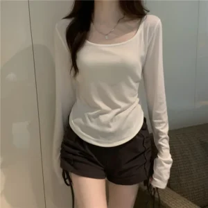 Square Neck Long Sleeve T-Shirt Women Spring Autumn New Irregular Hem Slim Casual Top Winter Solid Bottom Shirts New Korean