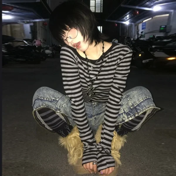 Genayooa Japanese Y2k T-shirt Women Long Sleeve Off Shoulder Striped Crop Tops Y2k Grunge 2000s Aesthetic Streetwear T Shirts - Image 3