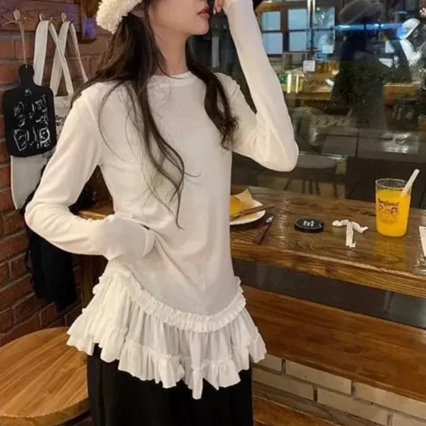 Korean Ballet Sle Ruffle Hem Long Sleeve T-Shirt Women's Fashion Autumn Winter Slimming Base Layer Shirt Top women clothing