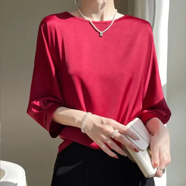 2025 New In Summer Satin Silk Half-Sleeve Tee Tops Basic Solid Women‘s T-Shirt Casual O-neck Thin Shirts Ladies Loose Blouses - Image 4