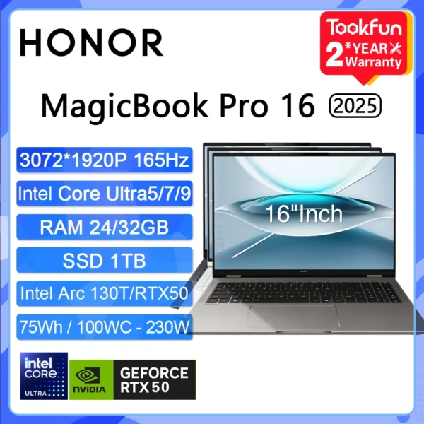 HONOR Laptop MagicBook Pro 16 2025 16" Inch 3.1K 165Hz Intel Ultra 5 9 Arc RTX5070 GPU 32GB 1TB Notebook Ultrabook Game Computer