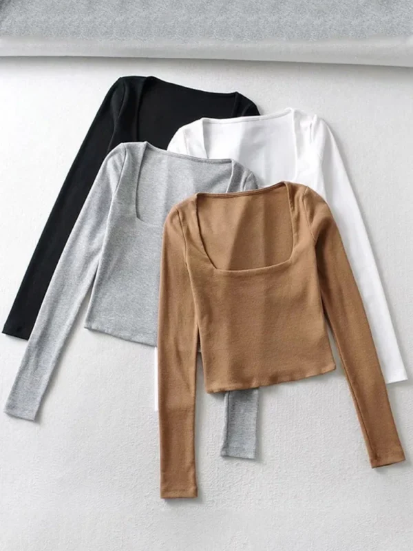 Women Ribbed Square Neck Crop Top With Long Sleeve - Image 5