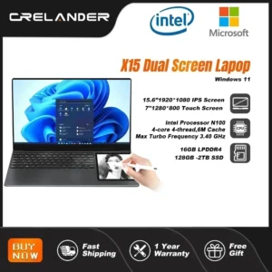 CRELANDER 15.6"+7" Dual Screen Laptop Intel Alder Lake N100 16GB DDR4 RGB Backlit Keyboard Computer Notebook Laptops Touchscreen