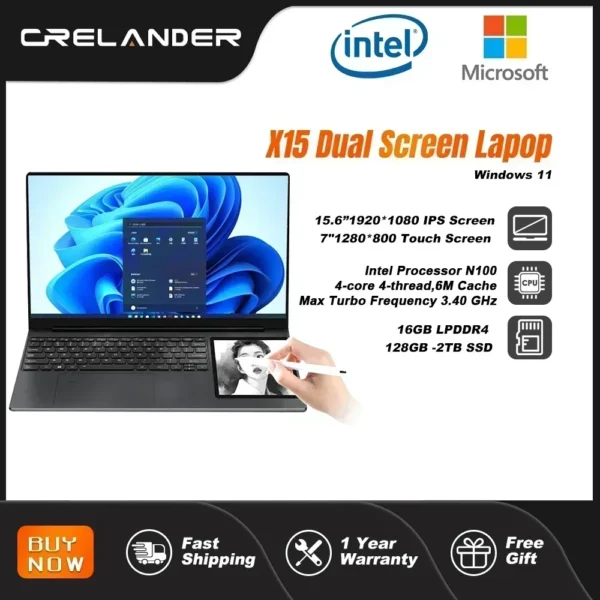 CRELANDER 15.6"+7" Dual Screen Laptop Intel Alder Lake N100 16GB DDR4 RGB Backlit Keyboard Computer Notebook Laptops Touchscreen