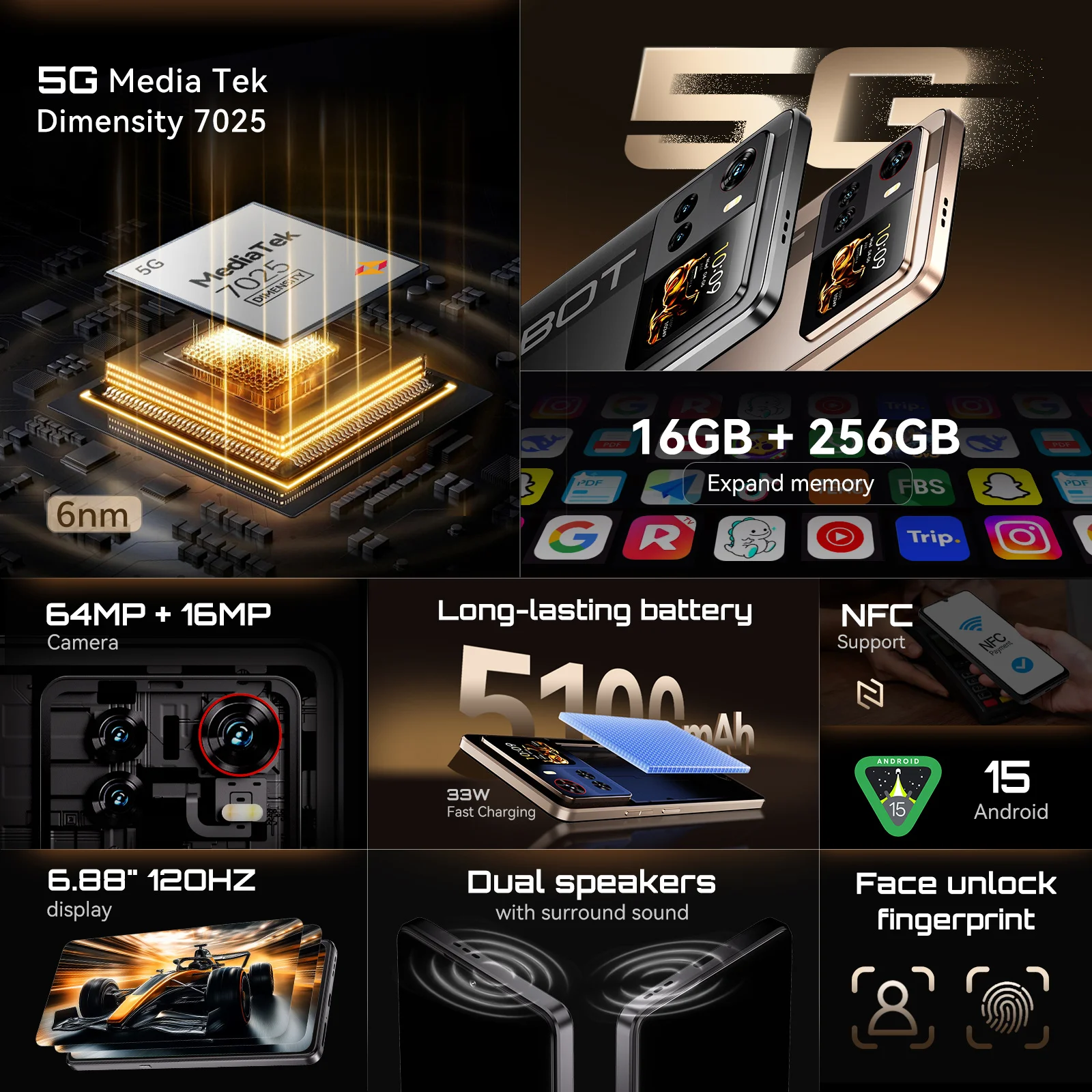 Smartphone 5G Cubot X100, Android 15, Dimensity 7025, 6nm, 2.5GHz,6.88-inch Screen,16GB(8+8),256GB, 64MP Camera, 5100mAh Battery - Image 2