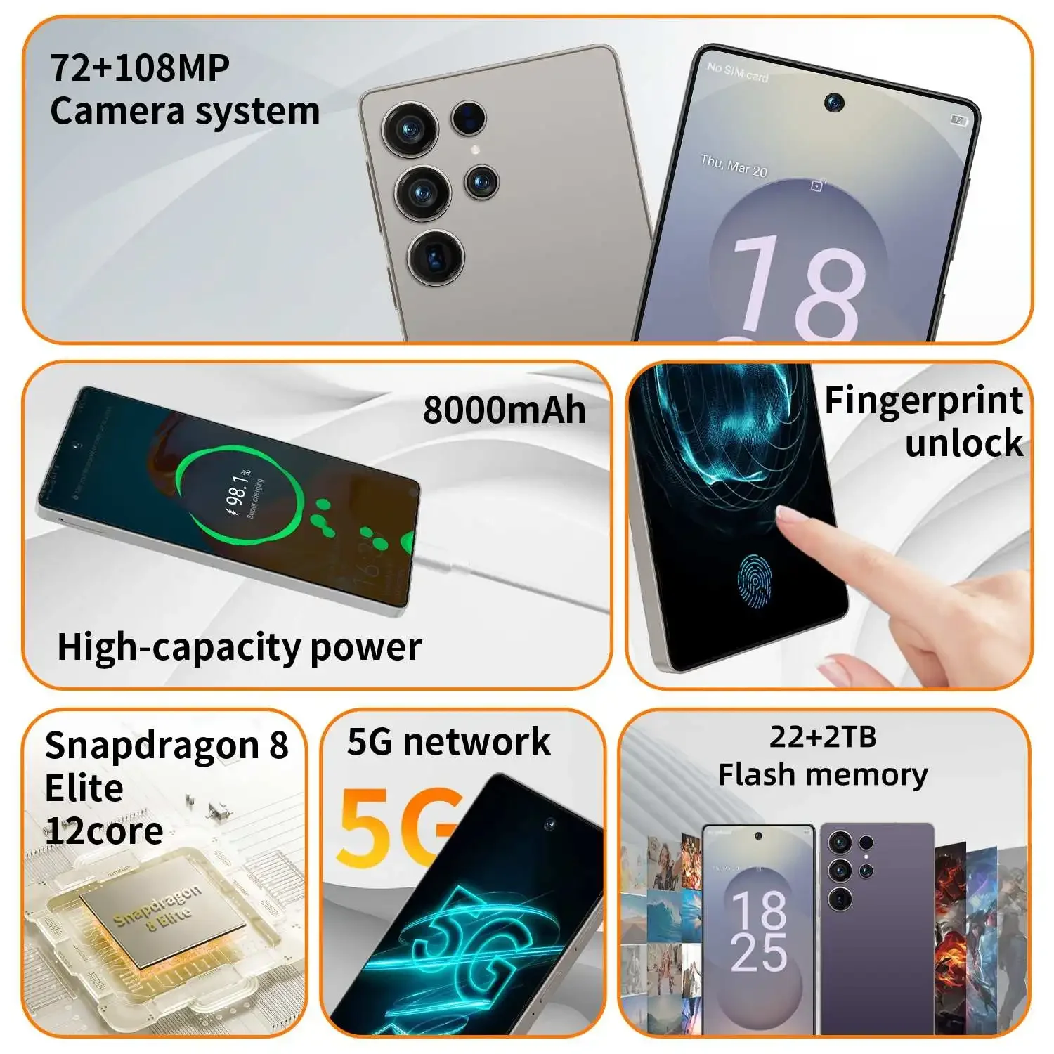 2025 Original phone S27 ultra 7.3 inch HD 4K Android 15 22GB+2TB 8000mAh Battery 4G 5G Dual Sim Card WiFi GPS Google - Image 2