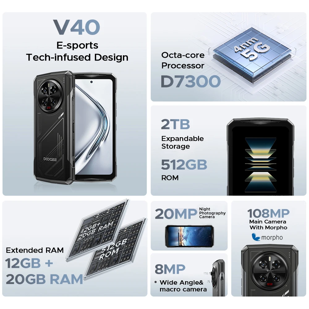 World Premiere DOOGEE V40 5G Rugged Phone 12GB 512GB Gaming Smartphone Dimensity 7300 6.78"120Hz Display 108MP Al Camera NFC - Image 2