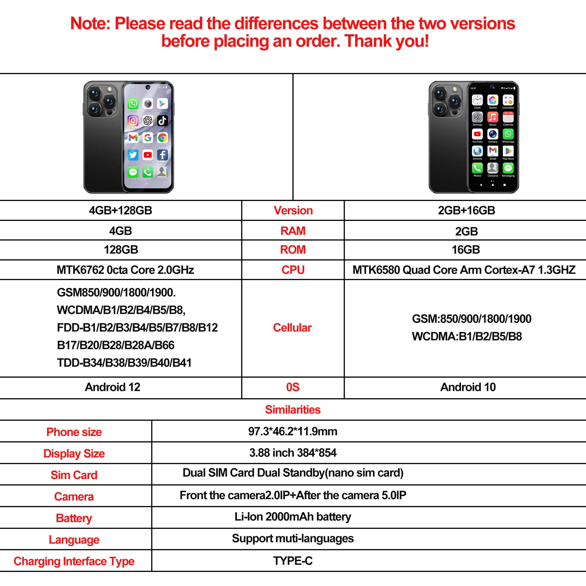 2025 NEW mini Android Smartphone 3.88" HD Display,4G LTE/3G WCDMA,4GB+128GB/2GB+16GB,2000mAh Battery Small Mobile Phone Unlocked - Image 3