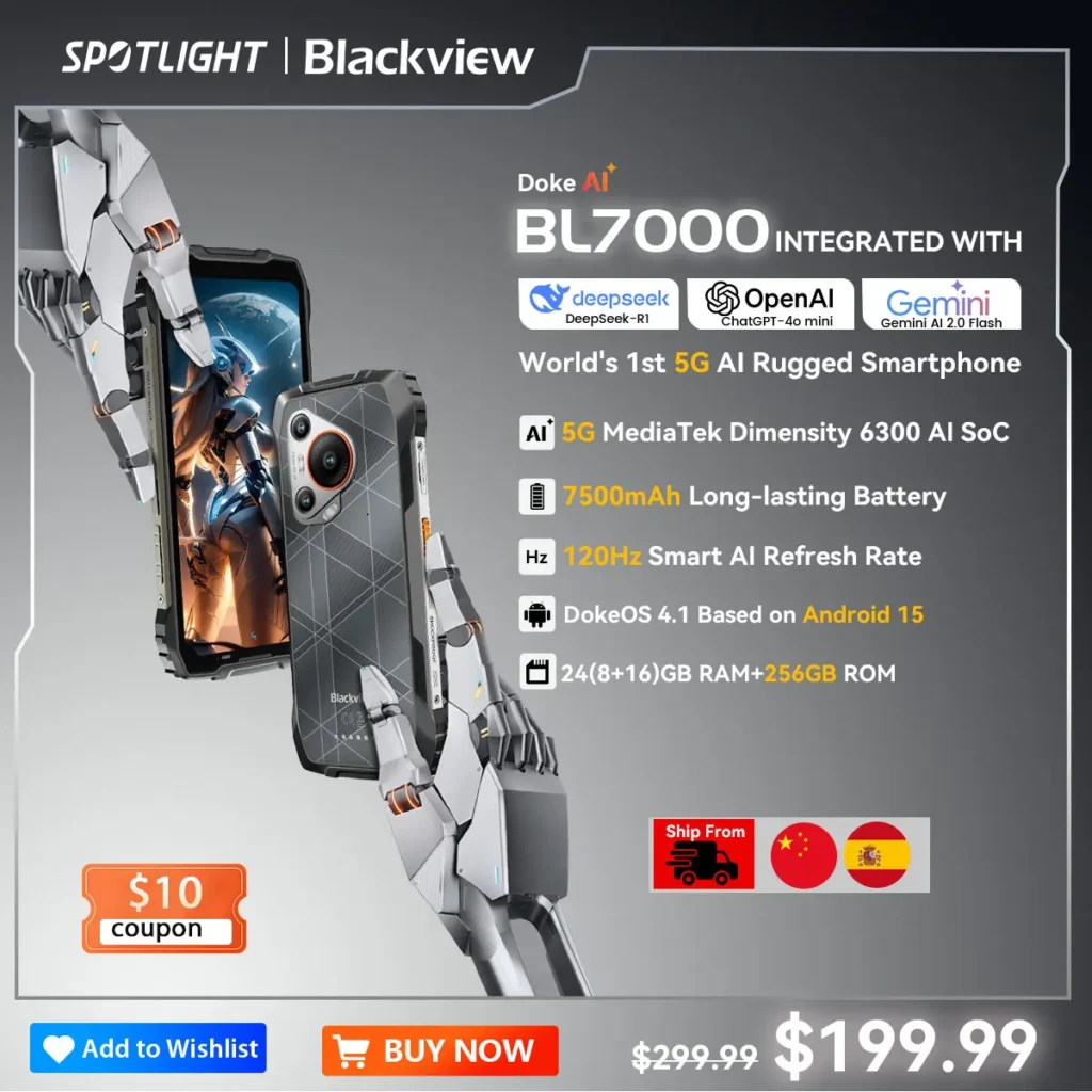 BLACKVIEW BL7000 5G AI Rugged Smartphone MTK 6300, 6.78" HD+2.4K Display 120Hz, 8GB + 256GB, 7500Amh Cerllphone Android 15