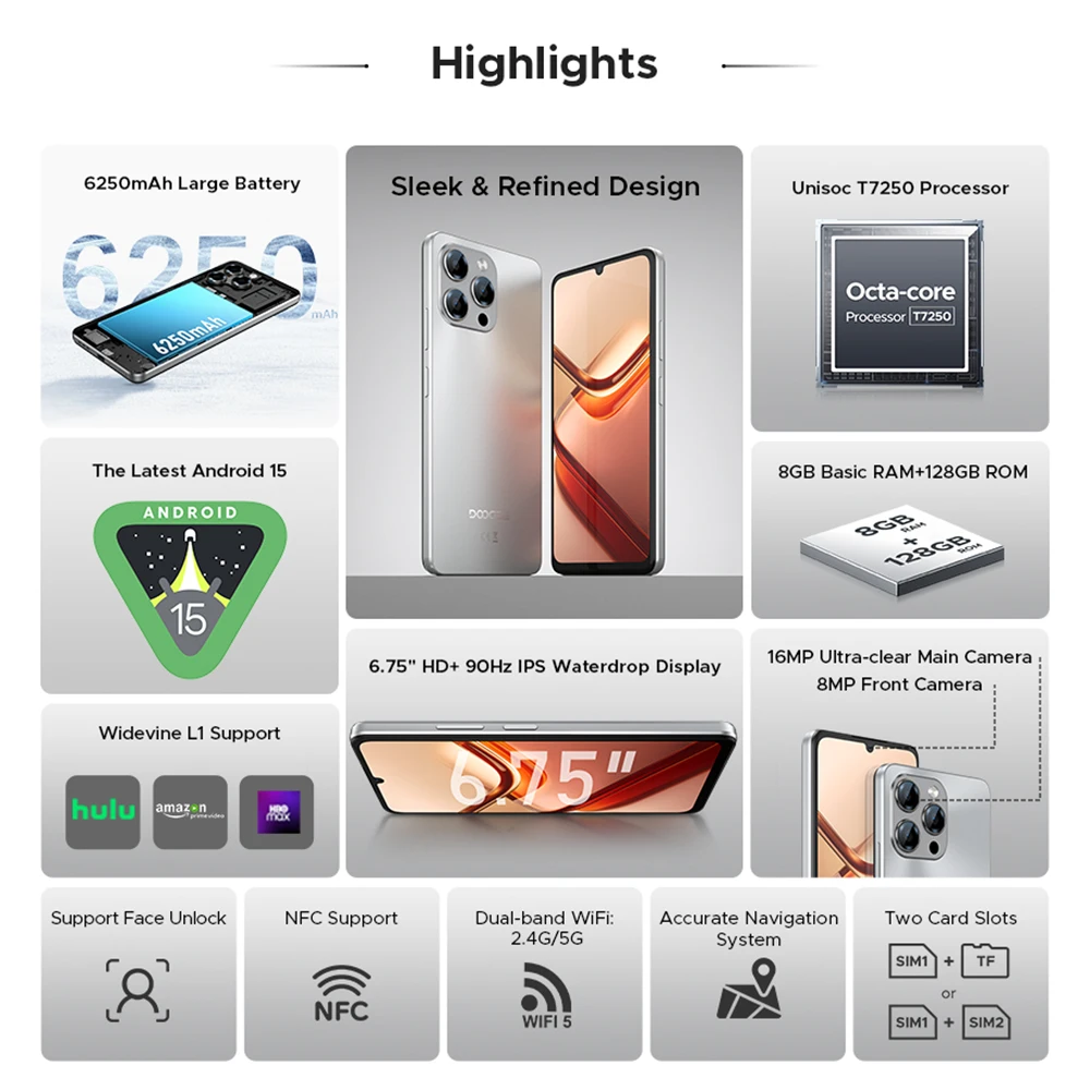 Global Version DOOGEE Note 58 8GB RAM 128GB ROM 6.75" HD+ 90Hz IPS Screen 6250mAh Large battery NFC Android 15 Smartphone - Image 2