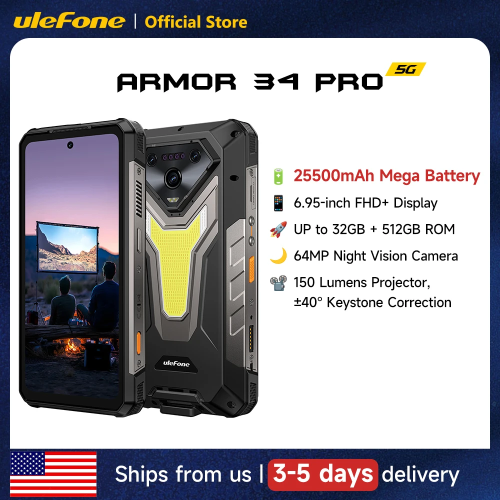 Ulefone Armor 34 Pro 5G AI Rugged Phone 6.95" 25500mAh Up to 32GB+512GB Built-in Projector 120Hz NFC Smartphone