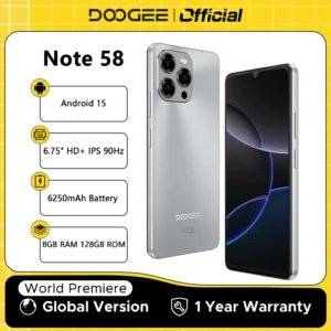 kf-Sb736a3dc290949efa2d8980a1c69d1766 Global Version DOOGEE Note 58 8GB RAM 128GB ROM 6.75" HD+ 90Hz IPS Screen 6250mAh Large battery NFC Android 15 Smartphone