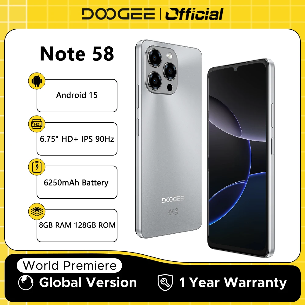 Global Version DOOGEE Note 58 8GB RAM 128GB ROM 6.75" HD+ 90Hz IPS Screen 6250mAh Large battery NFC Android 15 Smartphone