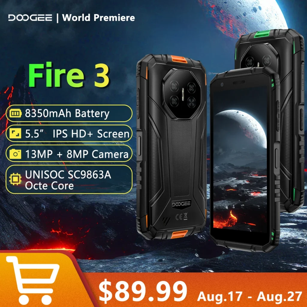 【World Primiere】Doogee Fire 3 Rugged Phone 12GB+64GB 8350mAh Battery 5.5" HD+ Screen 13MP+8MP NFC Android 15 Smartphone