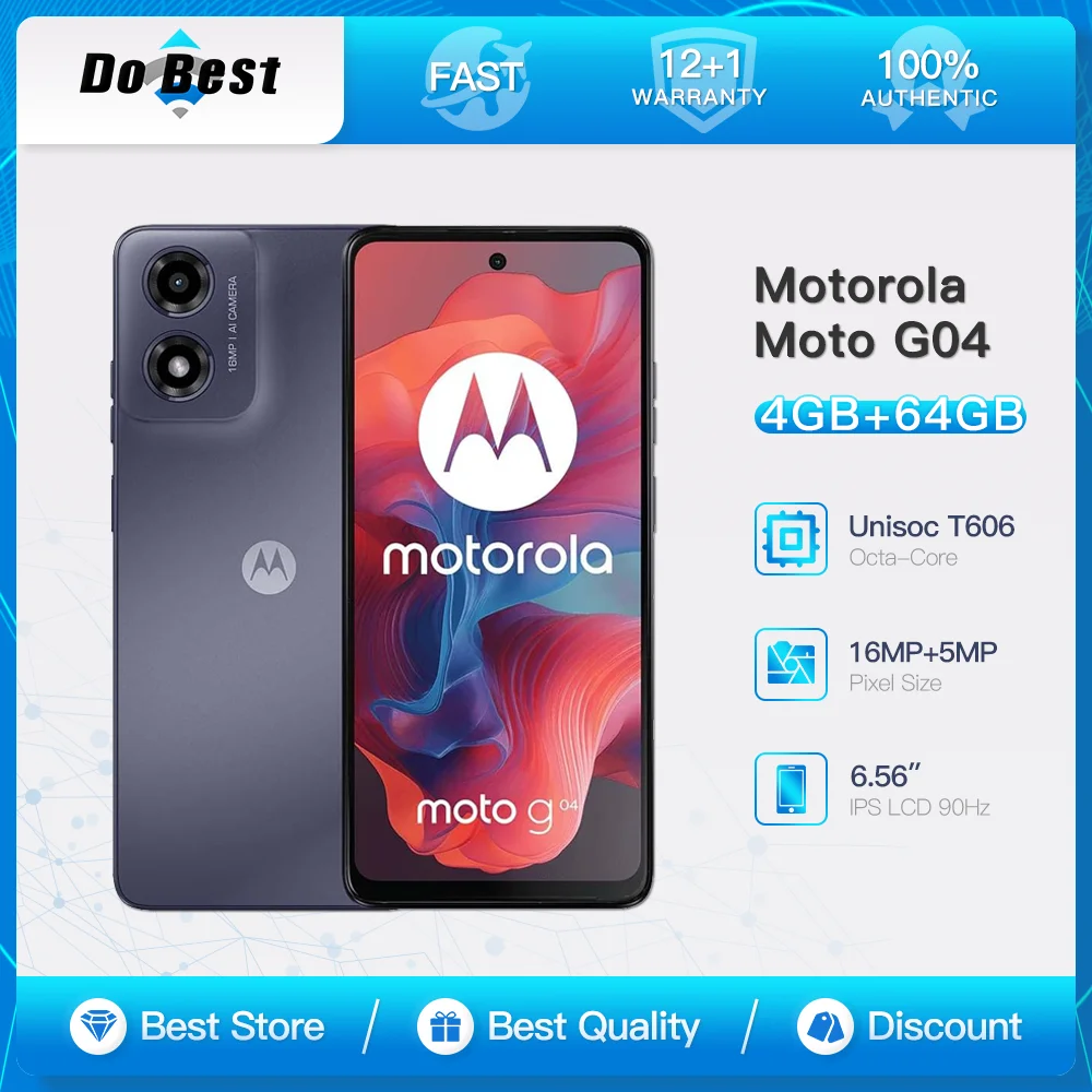 Motorola Moto G04 4G LTE Mobile Phone XT2421 Dual SIM 6.56" IPS LCD 90Hz 64GB ROM Unisoc T606 Octa-Core Android Cell Phone