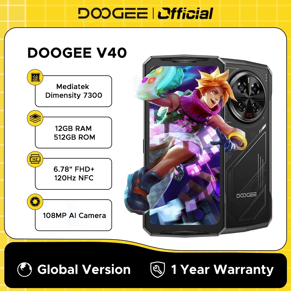 World Premiere DOOGEE V40 5G Rugged Phone 12GB 512GB Gaming Smartphone Dimensity 7300 6.78"120Hz Display 108MP Al Camera NFC