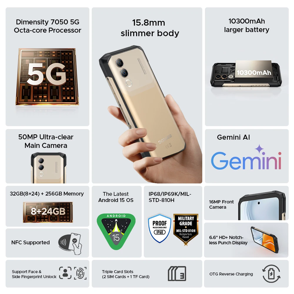 Global Version DOOGEE Blade20 Turbo 5G Rugged Phone Android 15 Gemini Al 10300mAh Battery 6.6'' HD+ 8GB 256GB NFC Smartphone - Image 2