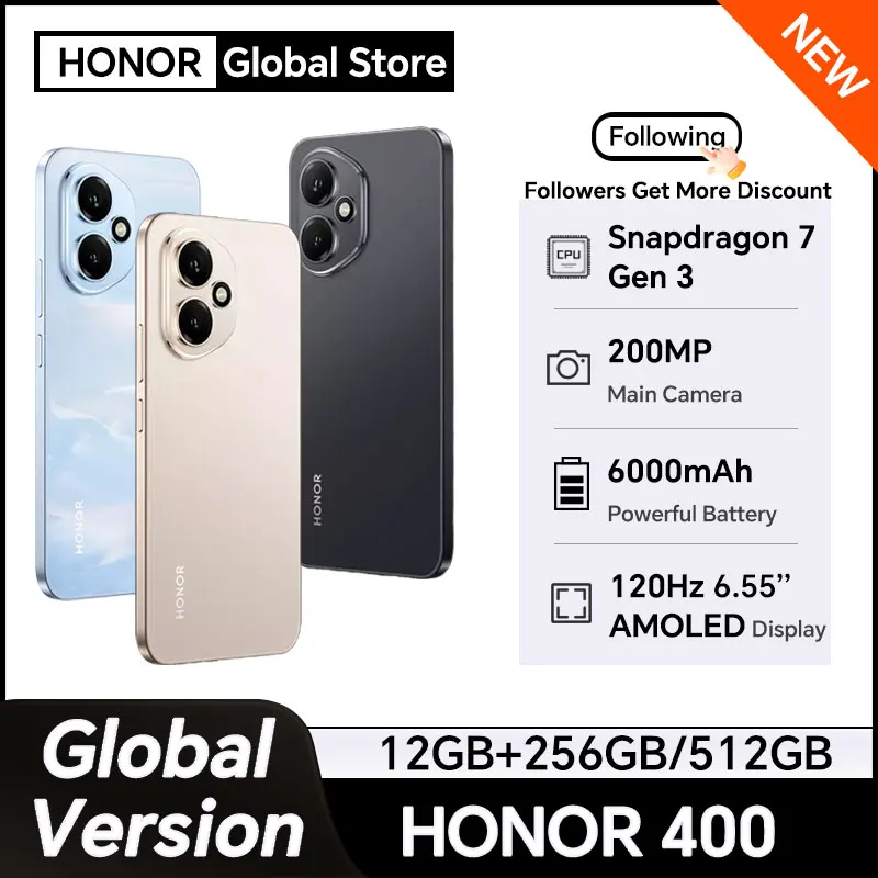 New Global Version HONOR 400 5G Smartphone 6000mAh Battery HONOR 80W SuperCharge 6.55'' 120Hz AMOLED Screen Snapdragon 7 Gen 3