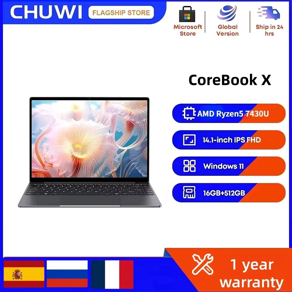 CHUWI CoreBook X Gaming Laptop 14.1 inch 2K IPS Screen AMD R5-7430U 16GB DDR4 RAM 512GB SSD Windows 11 Wifi6 Notebook Computer