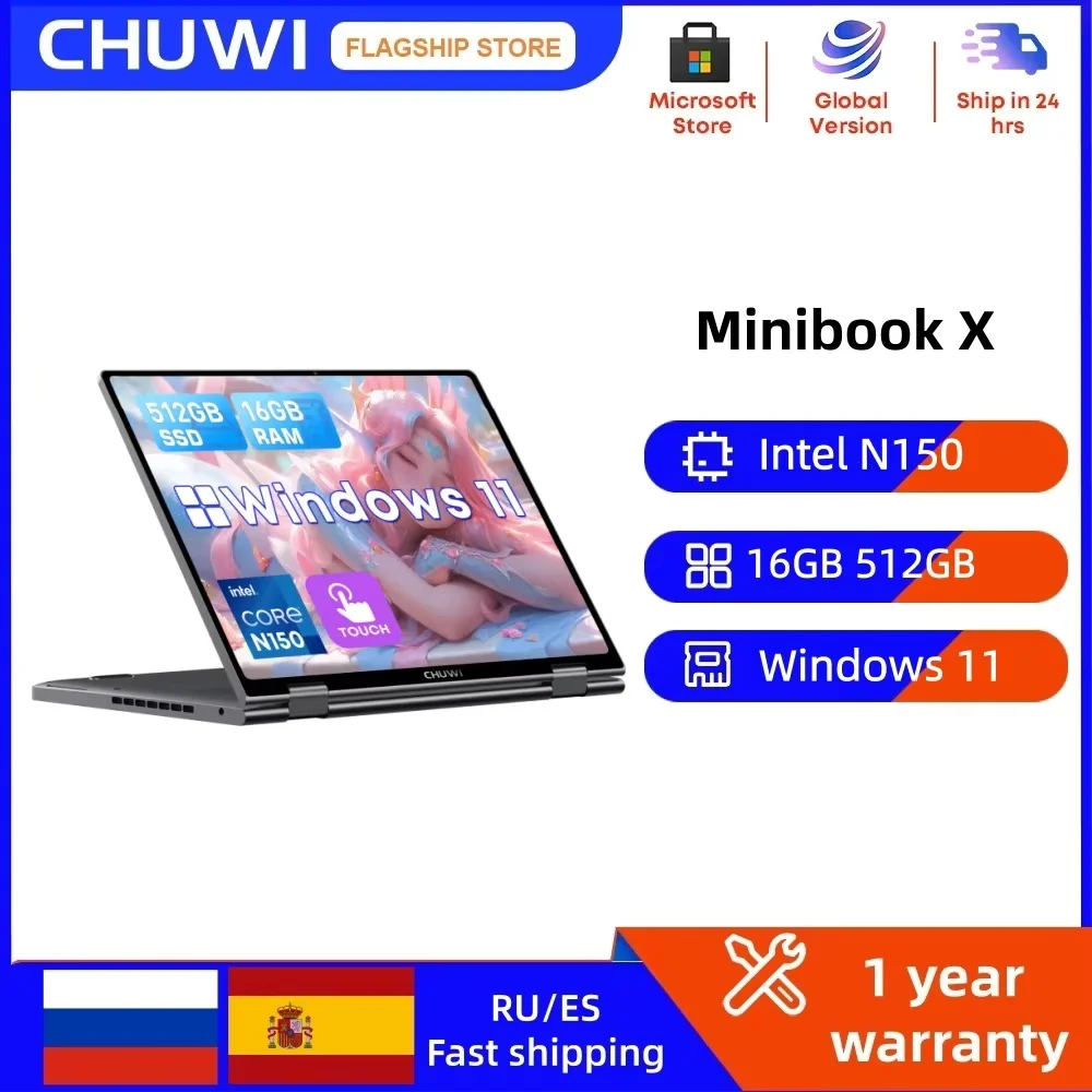 CHUWI MiniBook X 2 in 1 Laptop Intel N150(up to 3.6GHz) 512GB ROM 16GB LPDDR5 10.51" 1200x1920 FHD IPS Windows 11 Notebook